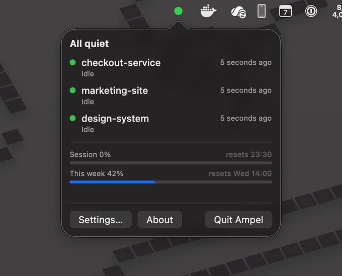 The menu bar icon turning yellow while Claude works, then red when it needs permission, with a list of sessions