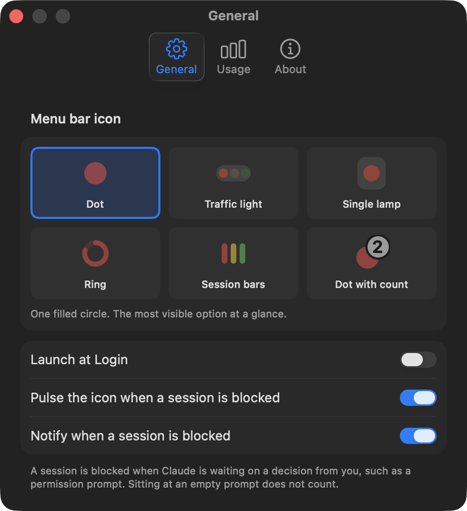 Settings window showing six menu bar icon styles