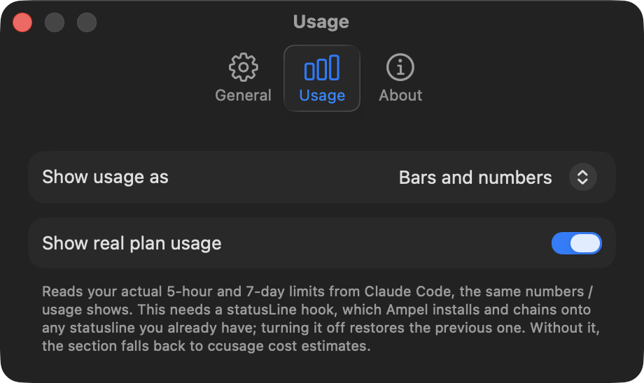 Usage settings showing the real plan usage option